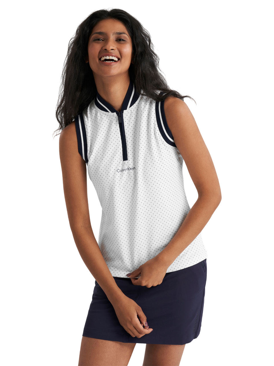 Calvin Klein Womens Camilla Printed Sleeveless Polo - White