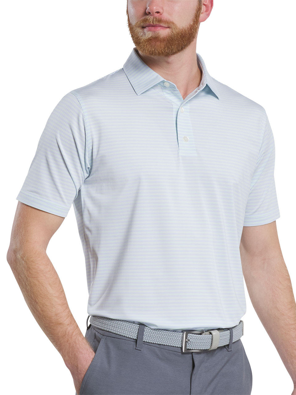 FootJoy Emory Stripe Lisle Polo Shirt - White/Pistachio/Blue Jay