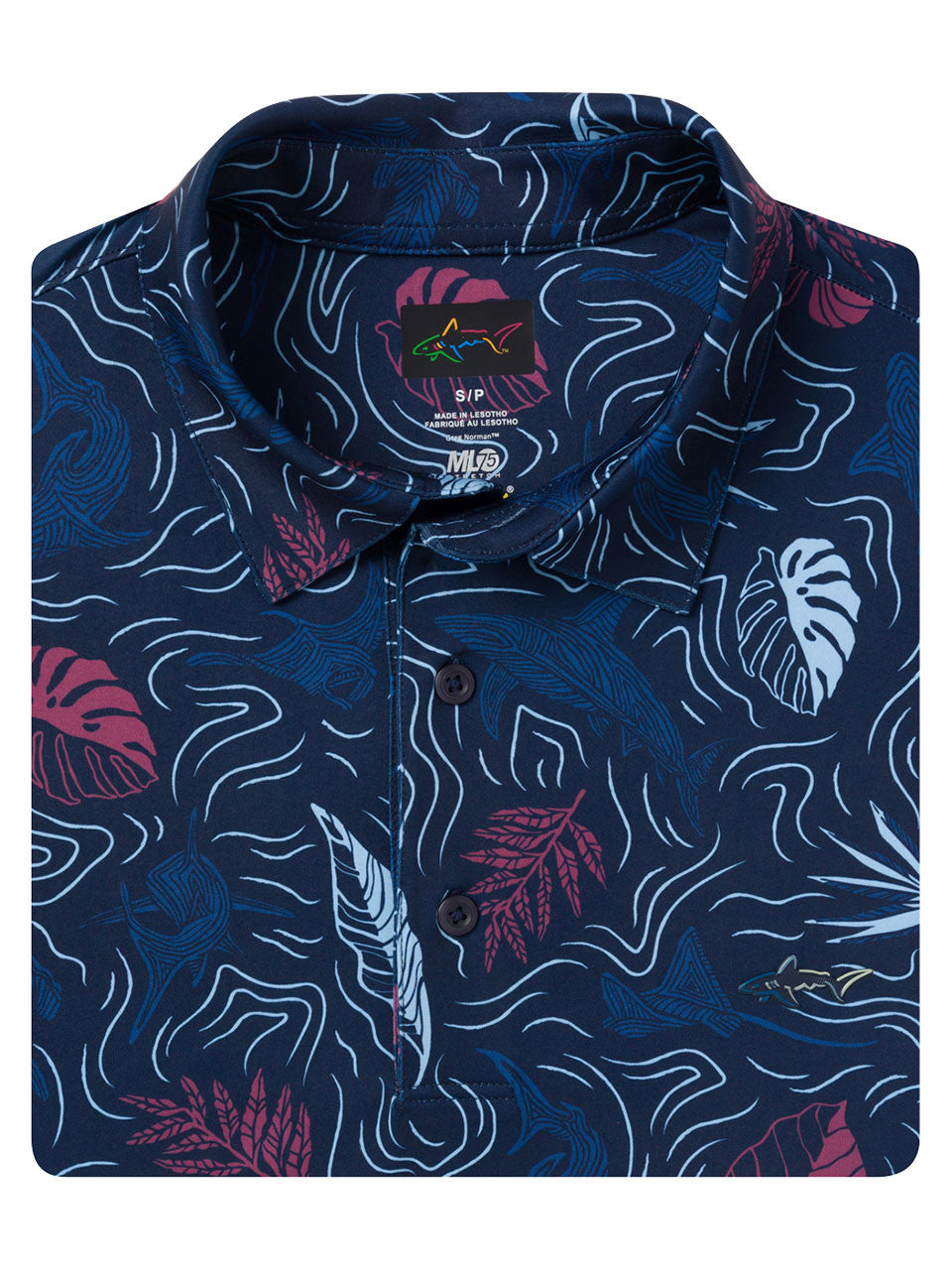 Greg Norman ML75 Stretch Tropical Sharks Polo - Navy