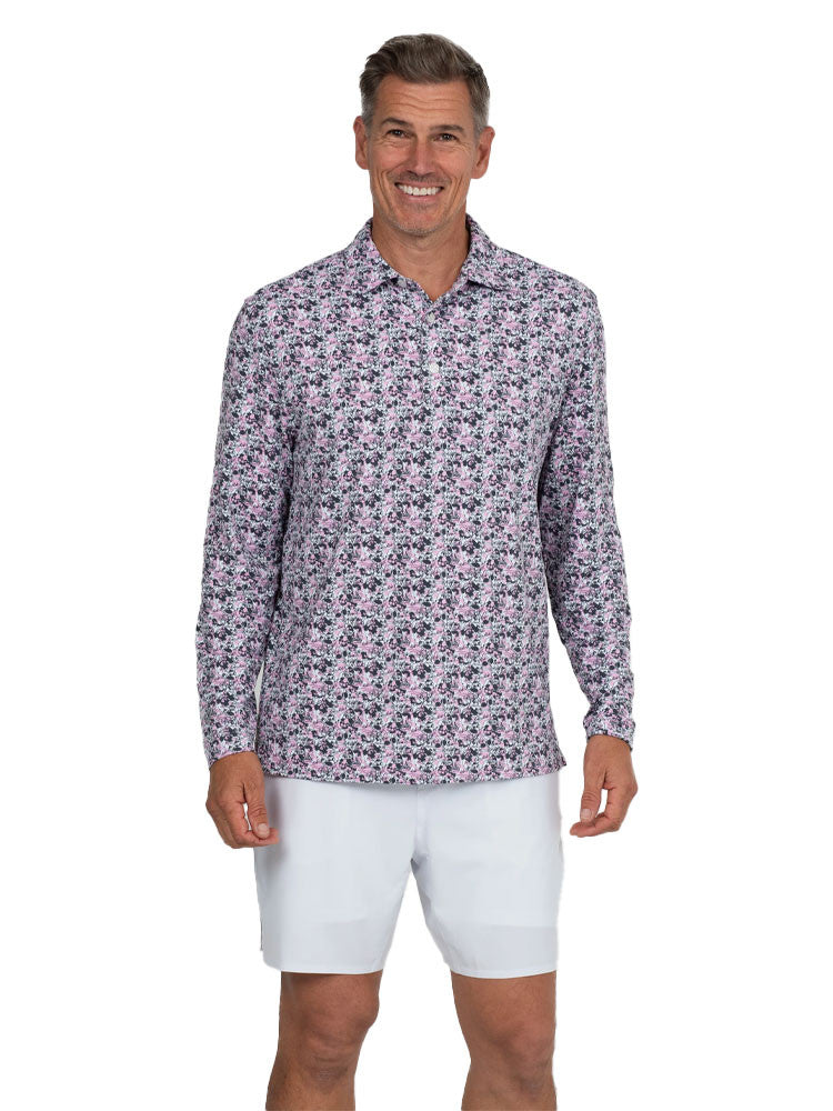 IBKUL Chaos Print Long Sleeve Polo - Lt. Pink/Charcoal