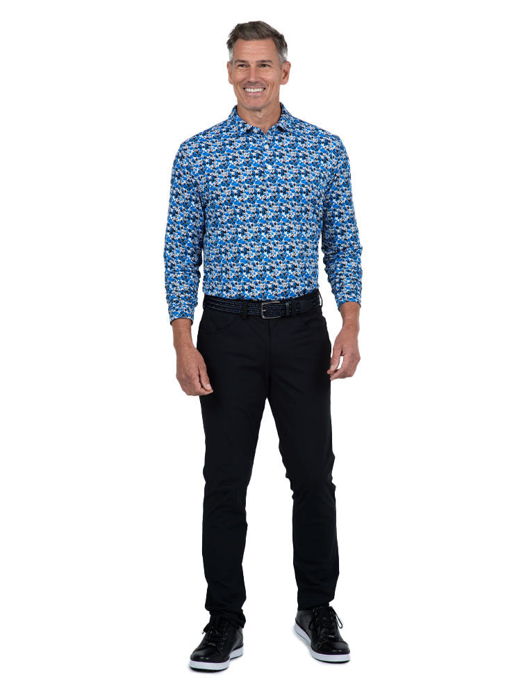 IBKUL Chaos Print Long Sleeve Polo - Royal/Black
