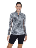 IBKUL Gingham Check Long Sleeve Mock Neck Top - Black/White