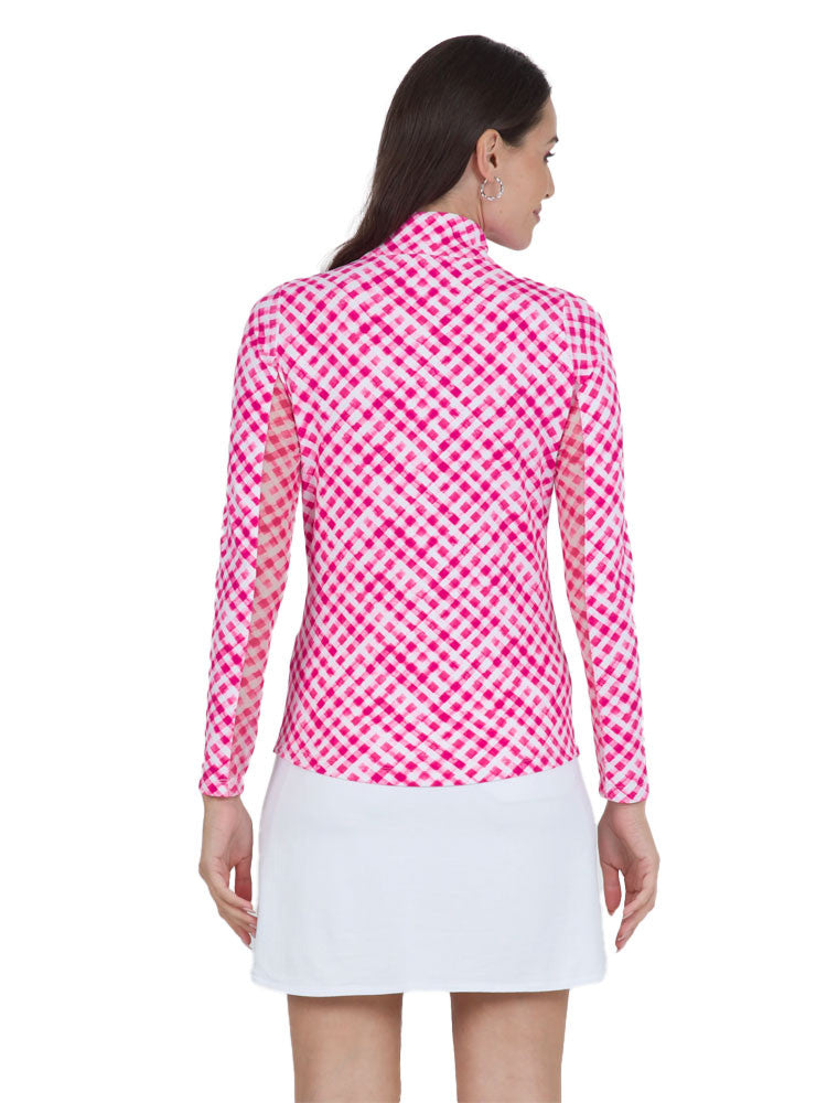 IBKUL Gingham Check Long Sleeve Mock Neck Top - Hot Pink/White