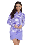 IBKUL Gingham Check Long Sleeve Mock Neck Top - Lavender/White