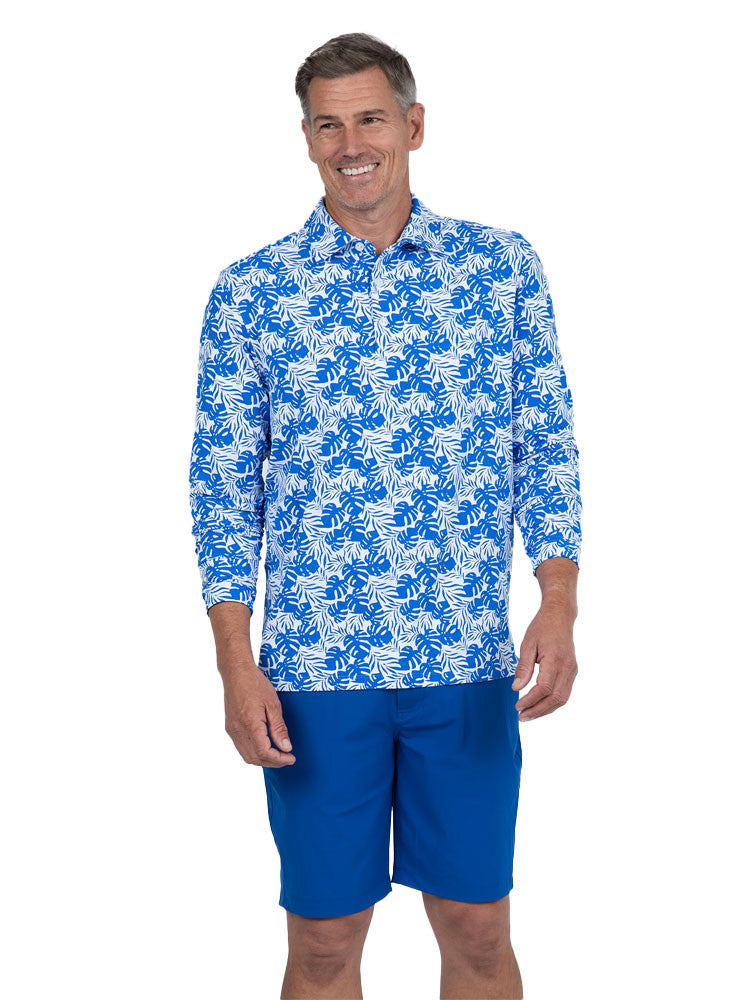 IBKUL Palm Leaf Print Long Sleeve Polo - White/Royal