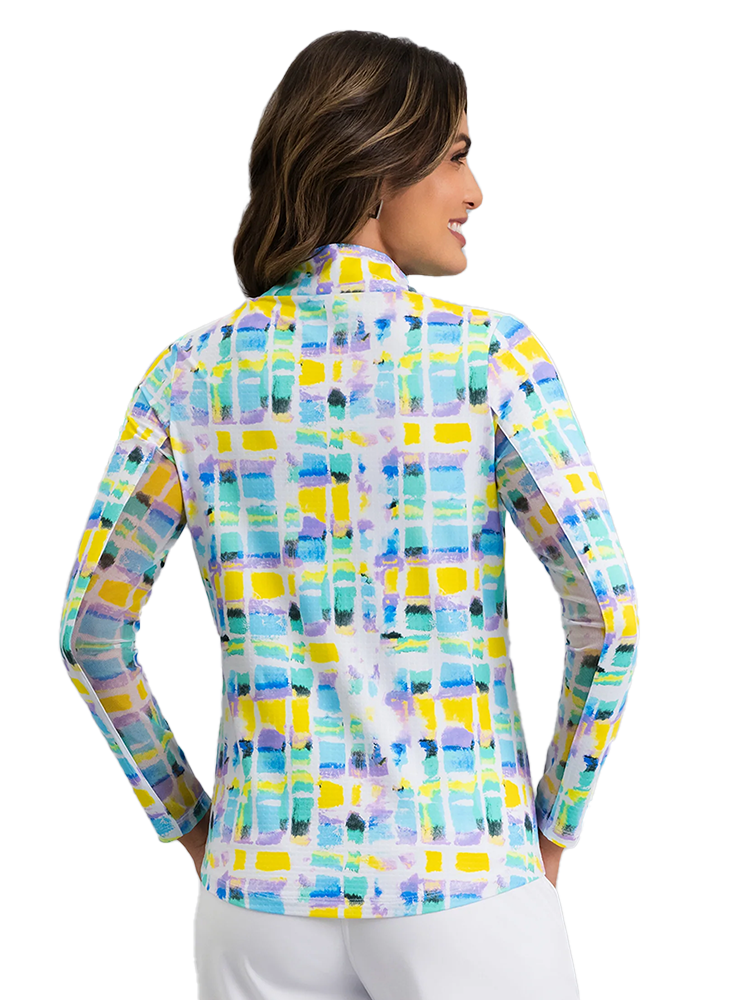 IBKUL Tatiana Print Long Sleeve Mock Neck Top - Turquoise Multi