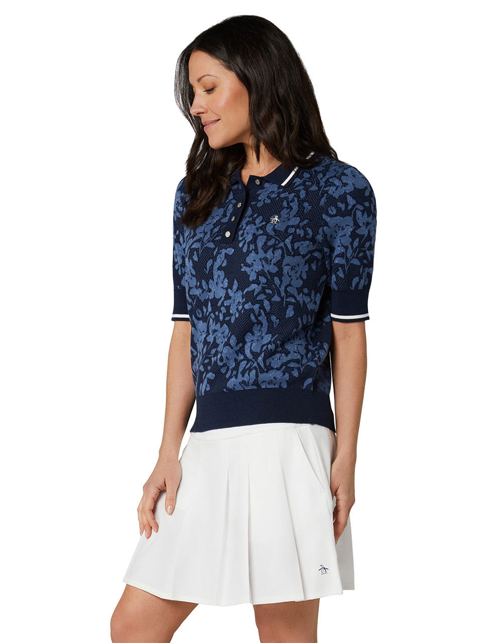 Original Penguin Womens Branded Jacquard Floral Polo - Black Iris